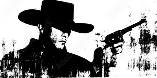 Mysterious cowboy silhouette with hat and revolver for artistic design