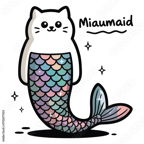 The cat transforms into a mermaid, the upper body of the cat, the lower body of a long shiny mermaid tail,