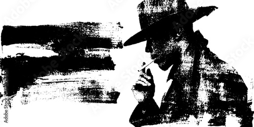 Mysterious detective silhouette in trench coat with cigarette - noir concept art design