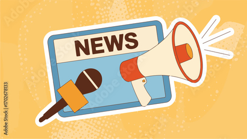 Retro style news megaphone and microphone on a textured yellow background media announcement