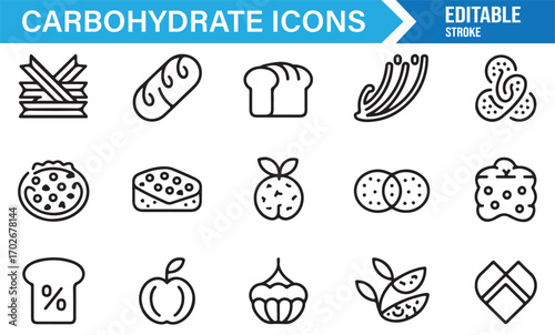 Linear icons of carbohydrate-rich foods including pizza, bread, desserts, and fruits