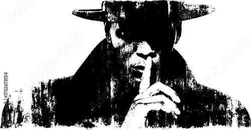 Mysterious detective silhouette in trench coat - noir crime art for vintage design