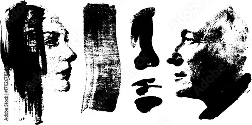 Surreal dreamlike faces in black ink silhouette — grunge artistic expression