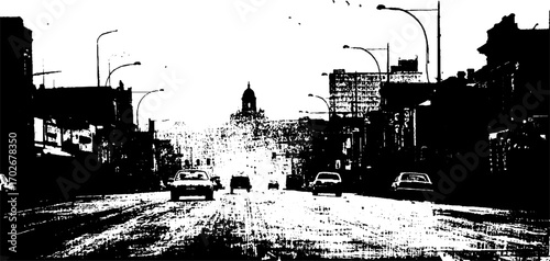 Black ink silhouette of empty urban street scene with city skyline and classic cars
