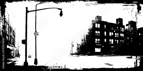 Urban street silhouette with lamp post and buildings in black ink in grunge style