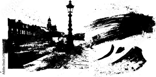 Black ink silhouette of empty urban street with historic architecture and lamp