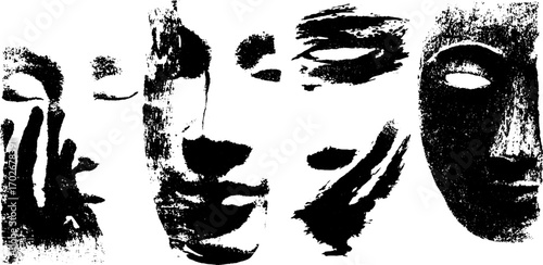 Black ink silhouette of expressive collage mask for urban art and design
