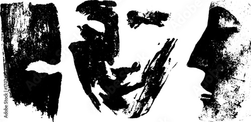 Abstract black ink silhouette collage of expressive masks for artistic design