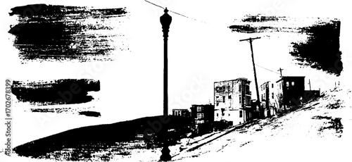 Black ink silhouette of empty urban street with grunge elements for creative design