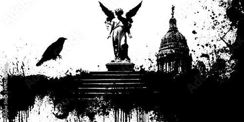 Gothic angel silhouette with crow and cathedral in urban ink art design