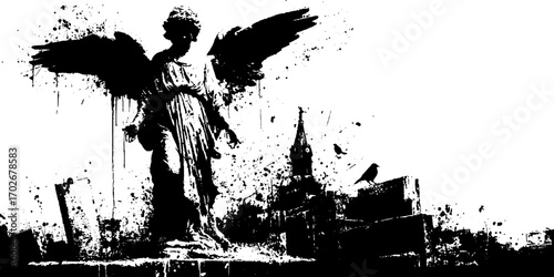 Dramatic silhouette of gothic angel statue with urban cityscape