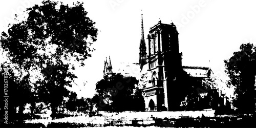 Gothic cathedral silhouette with tree in black ink for artistic design