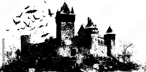 Gothic castle silhouette with towers and flying bats for halloween designs