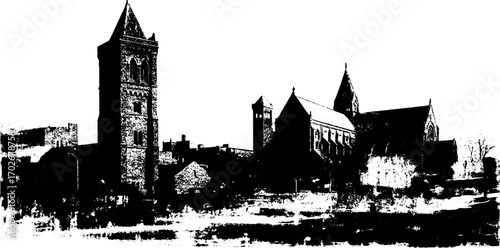 Gothic cathedral silhouette with black ink traces for urban art and design projects