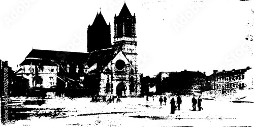 Gothic cathedral silhouette with black ink art effect for urban design and print