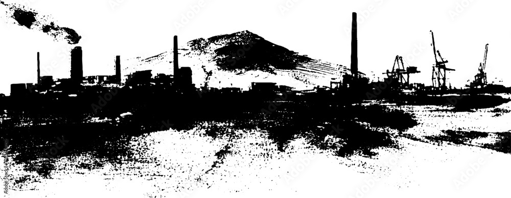 Obraz premium Black ink silhouette of industrial city skyline with mountain backdrop