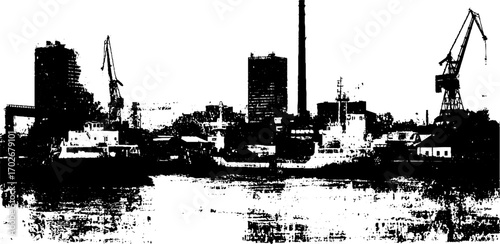 Industrial city skyline silhouette with cranes and buildings in black ink for urban design