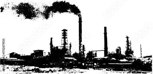 Industrial factory silhouette with chimneys and smoke in urban grunge style