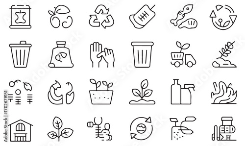Vector line icons set of waste sorting, composting, biodegradable trash, garbage bins, and eco-friendly living lifestyle symbols
