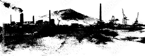 Black ink silhouette of industrial city skyline with mountain backdrop