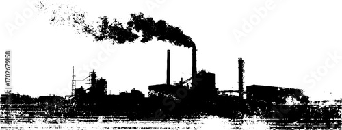 Industrial factory silhouette with smokestacks and urban grunge ink style