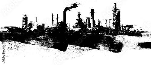 Black ink silhouette of industrial factory scene with urban grunge elements