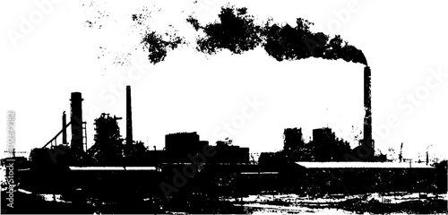 Industrial factory silhouette with smoke: environmental impact and urban landscape