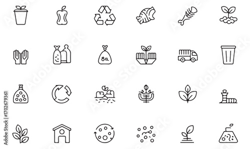 Recycling and compost outline icons with symbols for trash reduction, garbage disposal, and sustainability in modern line vector style