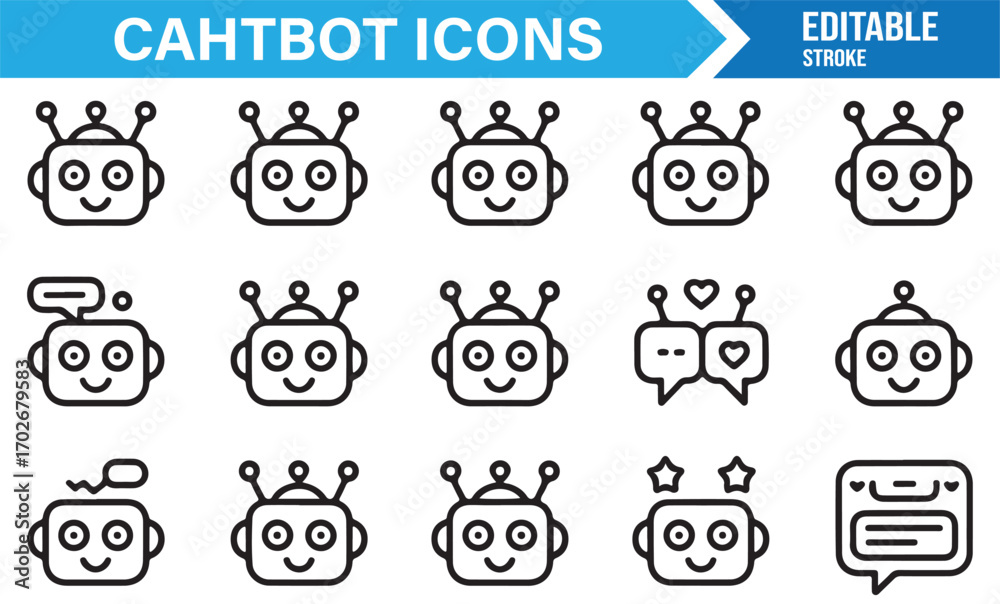 Obraz premium Cute AI chatbot face icons for apps, customer support, and conversational design projects