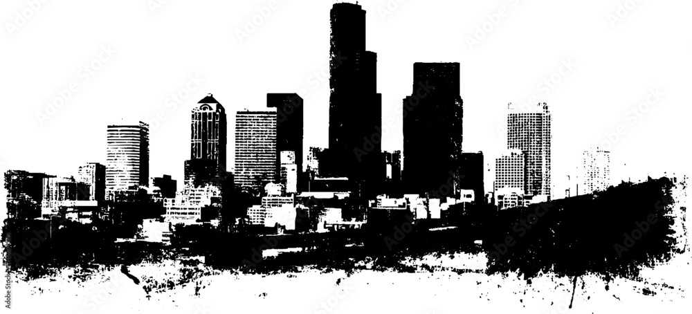 Obraz premium Black ink silhouette of modern city skyline in urban grunge style