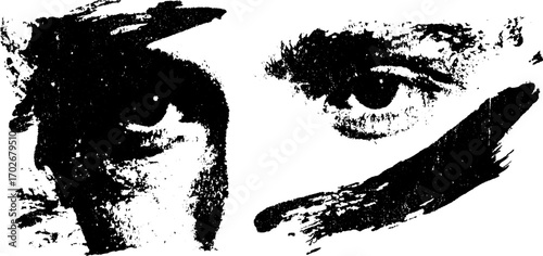 Abstract black ink silhouette of minimal collage portrait with textured expressions