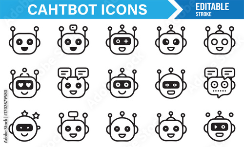 Editable vector icons of messaging robots and chatbot assistants in outline form