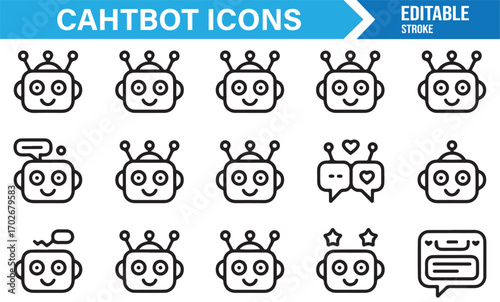 Cute AI chatbot face icons for apps, customer support, and conversational design projects