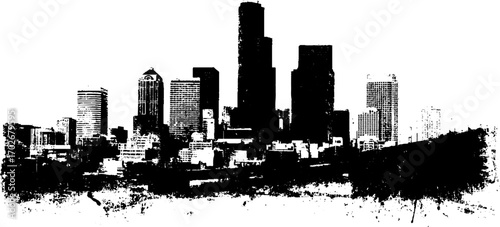 Black ink silhouette of modern city skyline in urban grunge style