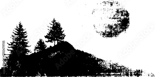 Black ink silhouette of mountain landscape with trees and sun