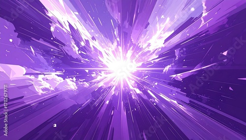 Abstract geometric radiance bursts across a textured space, purple hued