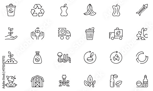 Minimal line icon pack of waste management, garbage truck, compost, and eco growth for environmental care and green living concepts