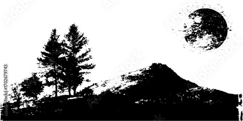 Black ink silhouette of mountain landscape with sun for urban design and art projects