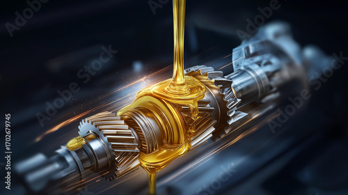 Detailed close-up of a transmission gear assembly being lubricated, golden oil shining under workshop lighting.