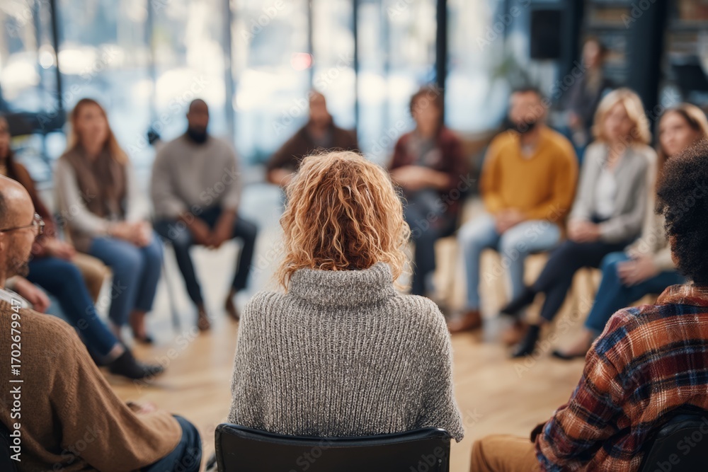 Obraz premium Rehab setting. Diverse group of people at addiction recovery therapy session meeting, with their backs to camera, chairs arranged in circle. 