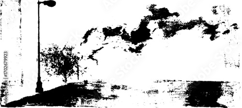 Noir alley silhouette with street lamp and black ink art design