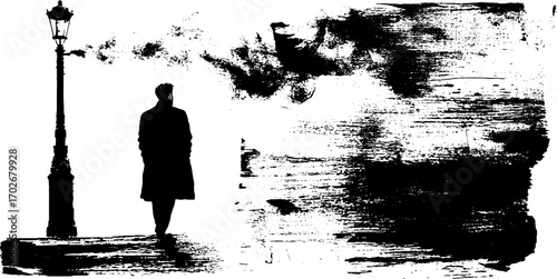 Noir alley scene with silhouette and street lamp in black ink art