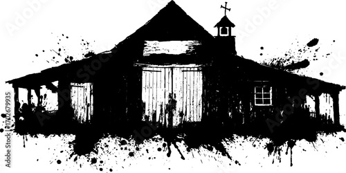 Black ink silhouette of old western saloon with splatter design for vintage posters