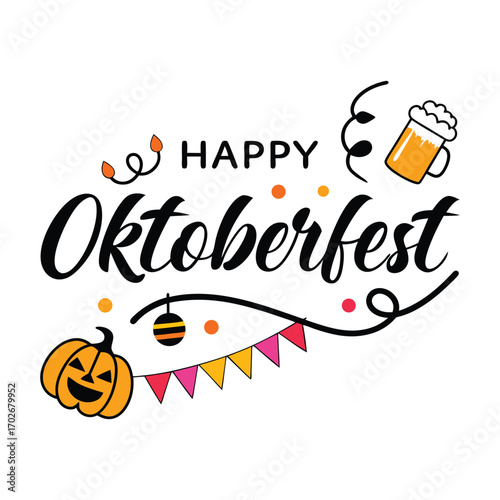 Happy oktoberfest celebration with beer mug pumpkin and festive decorations