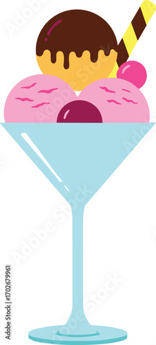 Ice cream dessert in martini glass with wafer stick, colorful summer treat clipart, vector illustration, isolated, cad drawing flat vector illustration