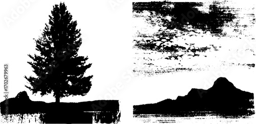 Black ink silhouette of pine tree and mountain horizon for artistic print design
