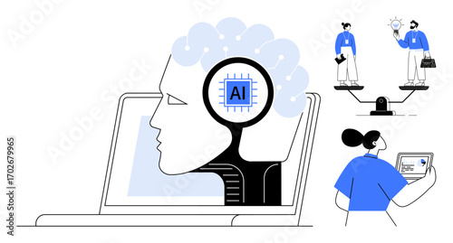 Human head integrated with AI chip in a laptop, professionals on a balance scale, and a woman analyzing data on a tablet. Ideal for AI technology, innovation, decision-making, business, research