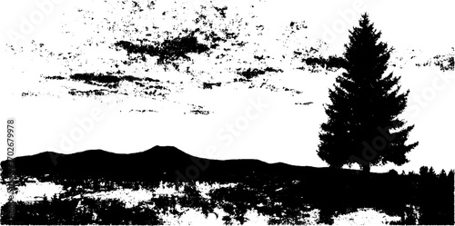 Black ink silhouette of pine tree against horizon with mountains