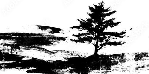 Black ink silhouette of lone pine tree on horizon with mountain landscape