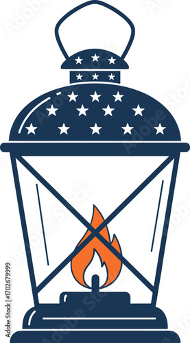 Patriotic lantern with flame and stars, symbolic celebration clipart, remembrance icon, vector illustration, isolated, cad drawing flat vector illustration